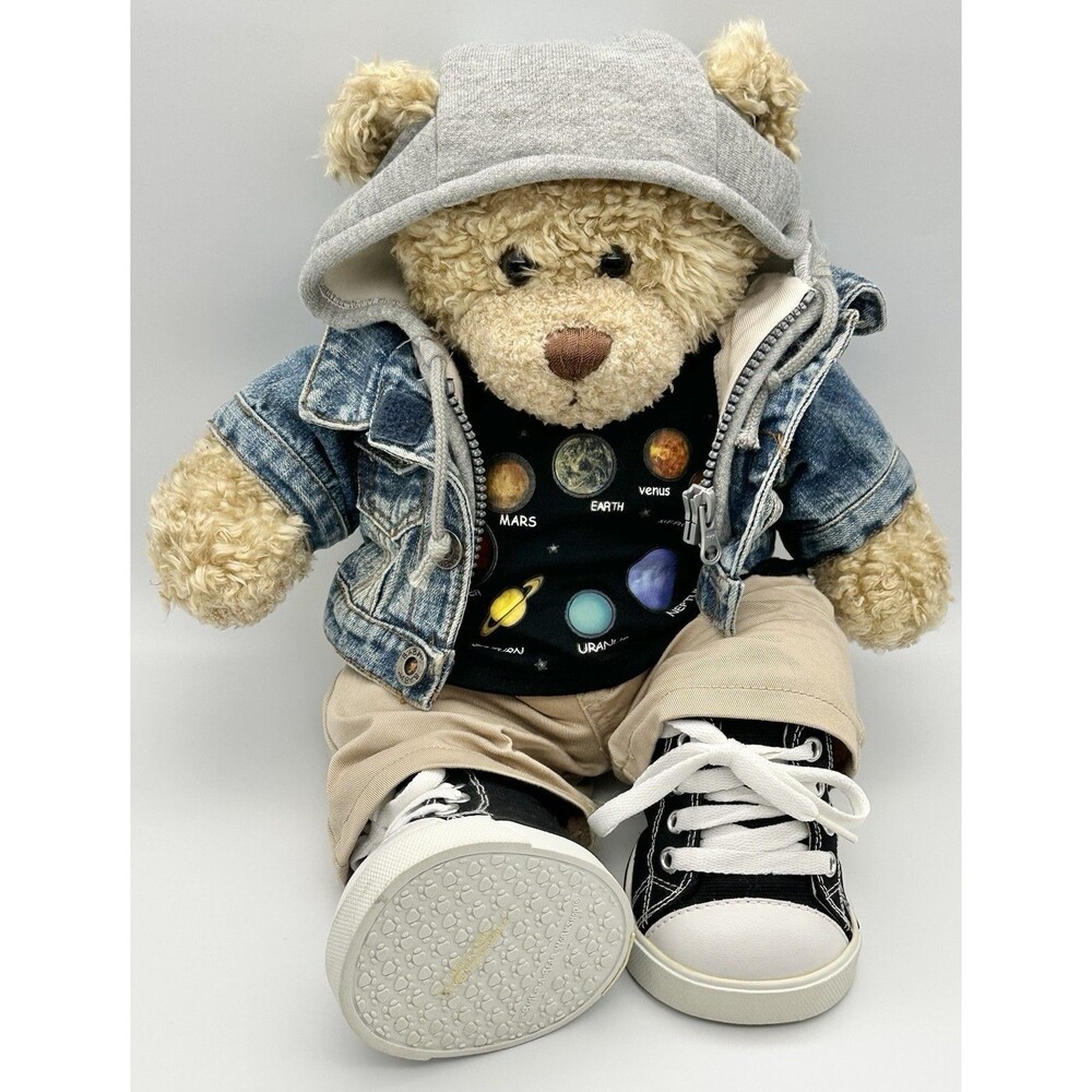 Build-A-Bear Workshop Curly Teddy Bear Denim Jacket Hoodie Outfit Shoes Plush
